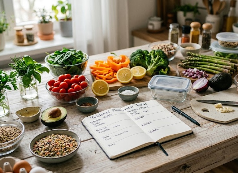 Čerstvé farebné ingrediencie pripravené na plánovanie týždenných jedál