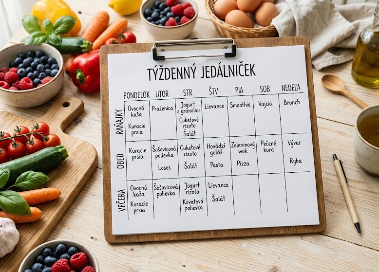Prehľadne pripravený týždenný jedálniček s čerstvými ingredienciami na svetlom stole